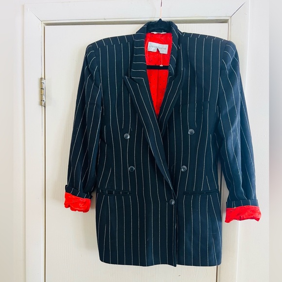 Vintage Jackets & Blazers - VTG 90s Avant Garde Old Money Structured Pinstripe Double Breasted Blazer M
